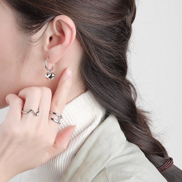 #NEW 925 Sterling Silver Heart Drop Round Hoop Earrings - Picture 2 of 10